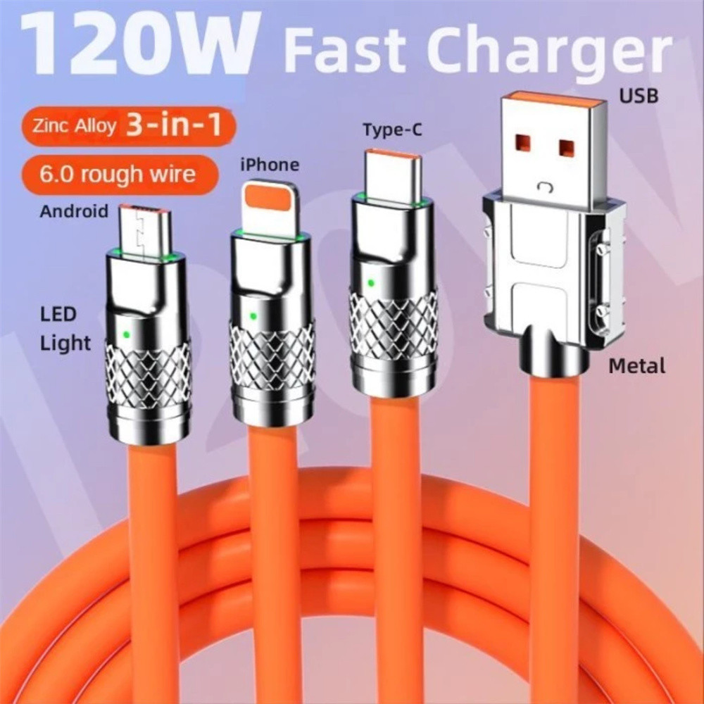 3 IN 1 120W Fast Charging Micro usb Type C Kabe Data iIOS Super Charge For Casan Android 1M