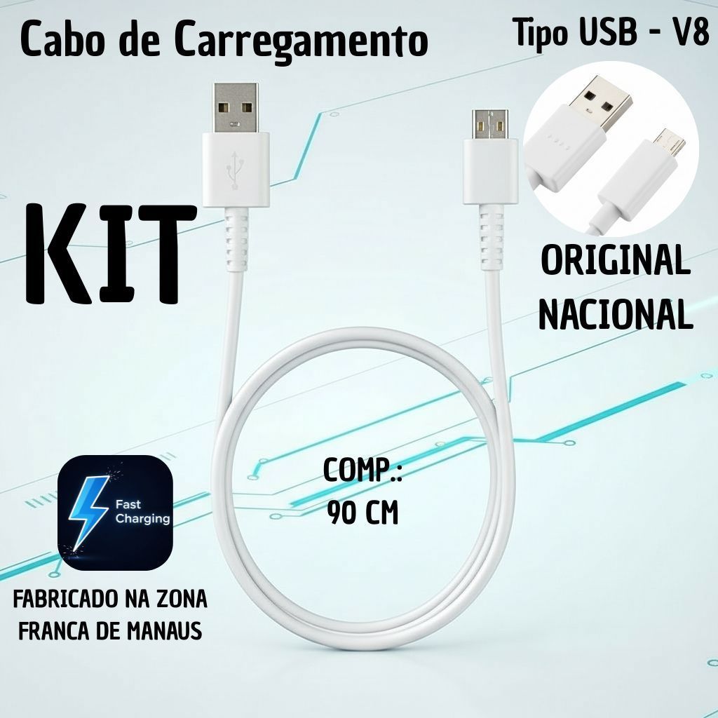 Kit Cabo USB para Micro USB V8 Original Nacional 5 a 20 Un Premium Fast Charging e Dados Qualidade Durabilidade