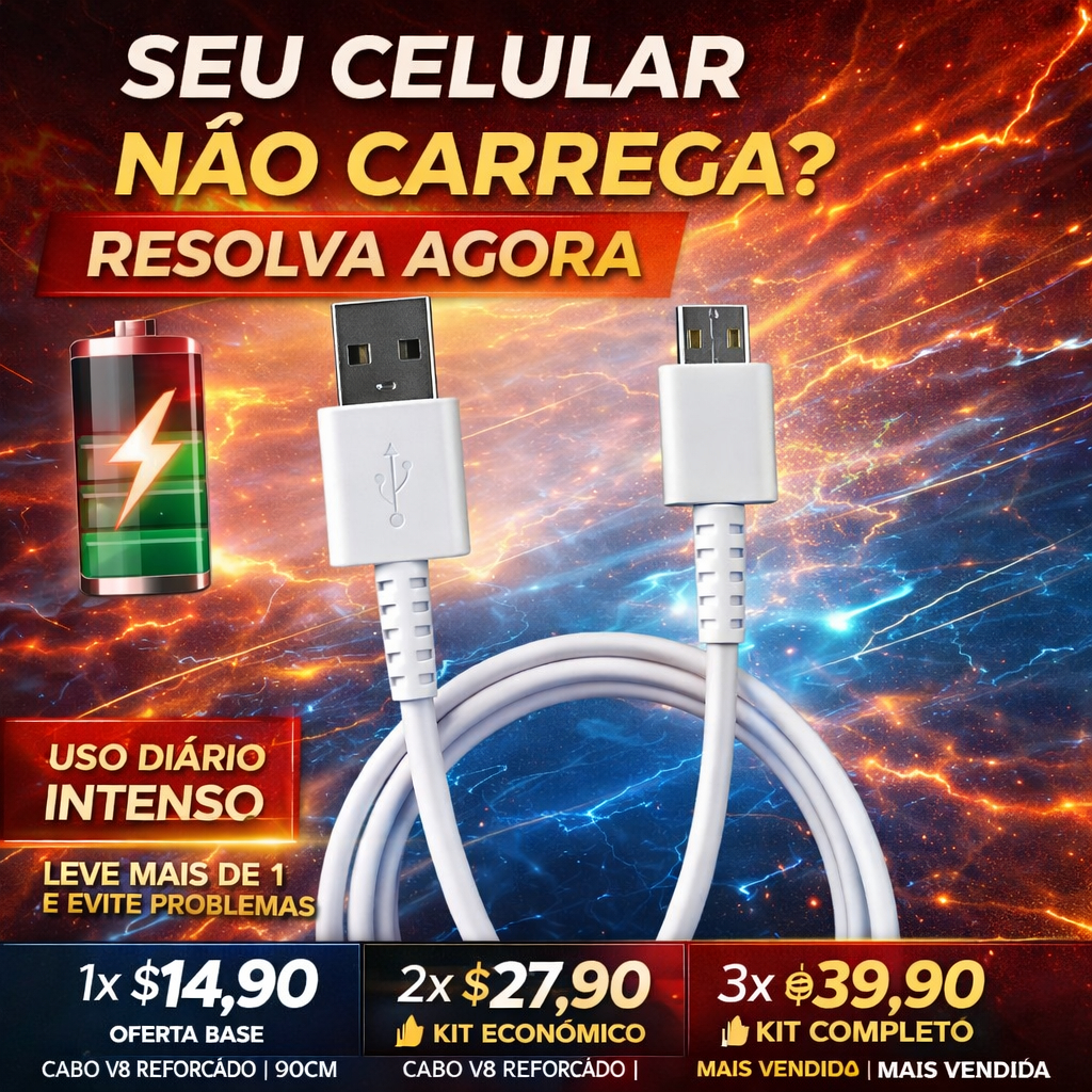 Cabo USB V8 Micro USB Reforçado Carregamento Rápido 90cm Não Te Deixa na Mão Alta Durabilidade Android