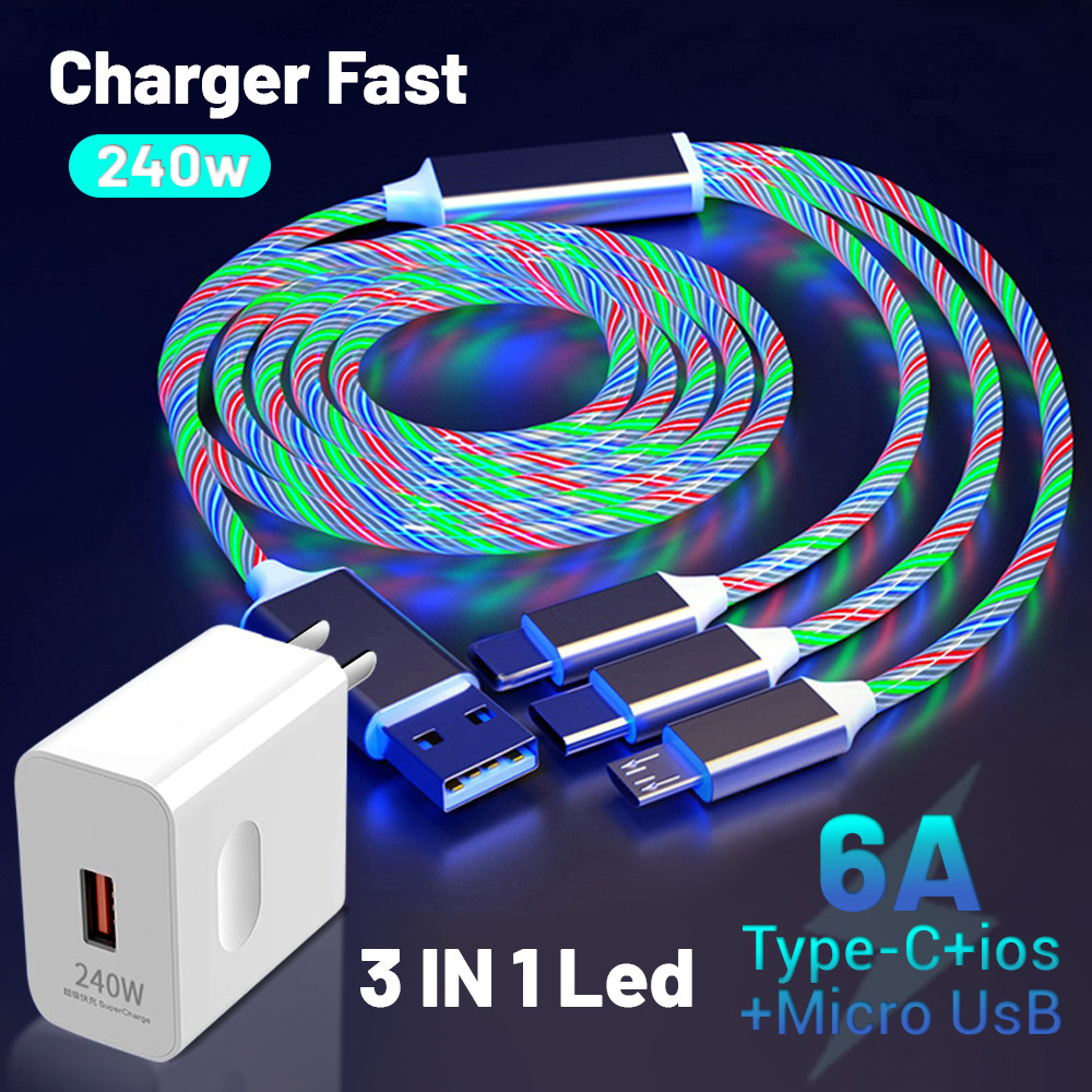 3 in 1 charging Type C fast charging for Micro USB Lightning iOS cable metal 240W 1.2M charging cable