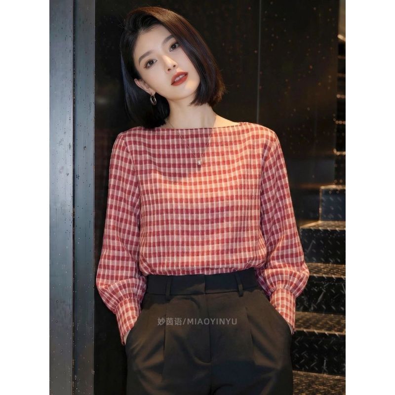 [Novidades] 2026 Primavera Verão Outono Novo Estilo Moda Commuter Estilo Xadrez Vermelho Gola Redonda Camisa Manga Puff