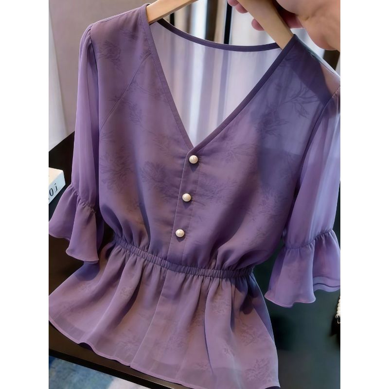 Camisa roxa com decote em V cintura estreita manga folha de lótus padrão escuro impresso francês Commuter verão novo est