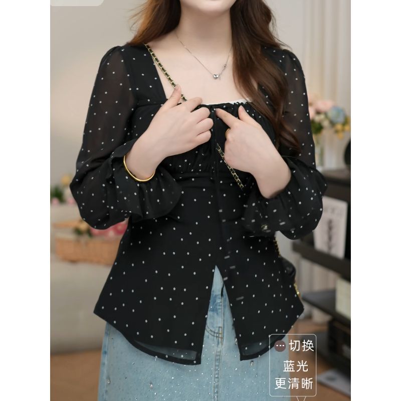 [Novidades] Nova camisa francesa de Chiffon de bolinhas de manga comprida, aparência simples de Commuter cobrindo carne