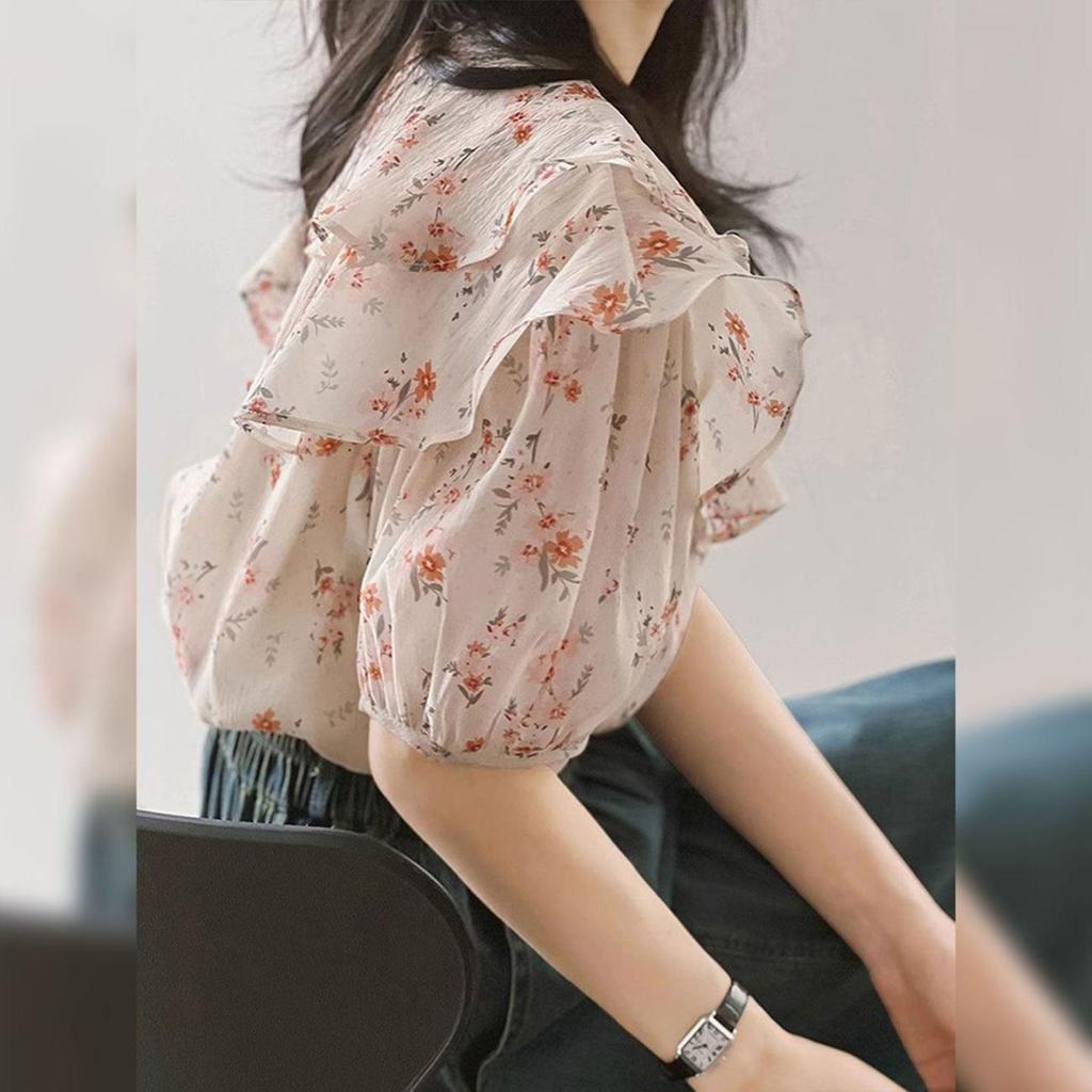 [Novidades] Camisa Floral francesa com babados de camada dupla, 2026 verão solto diário Commuter All-Match manga lantern