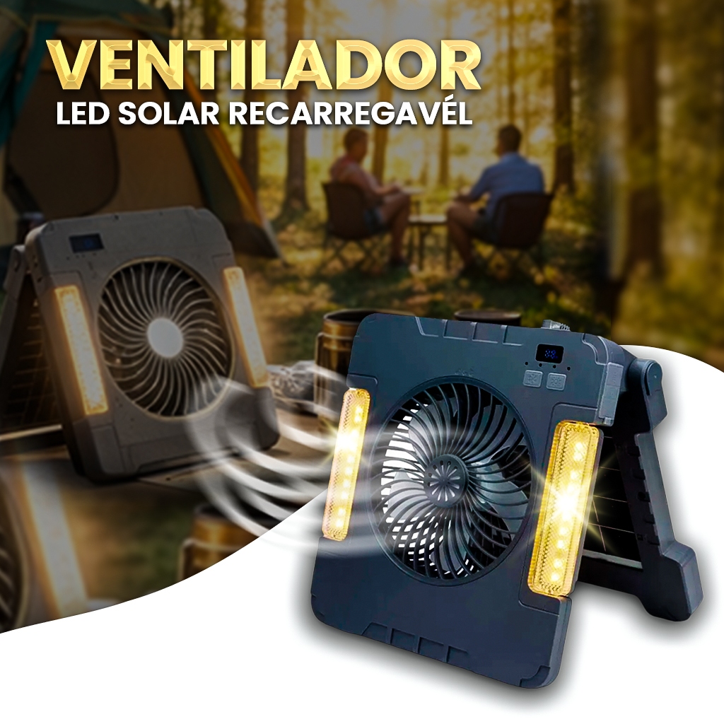 Ventilador Portátil Luz LED Recarregável Energia Solar USB Power Bank Camping Potente 4 Velocidades