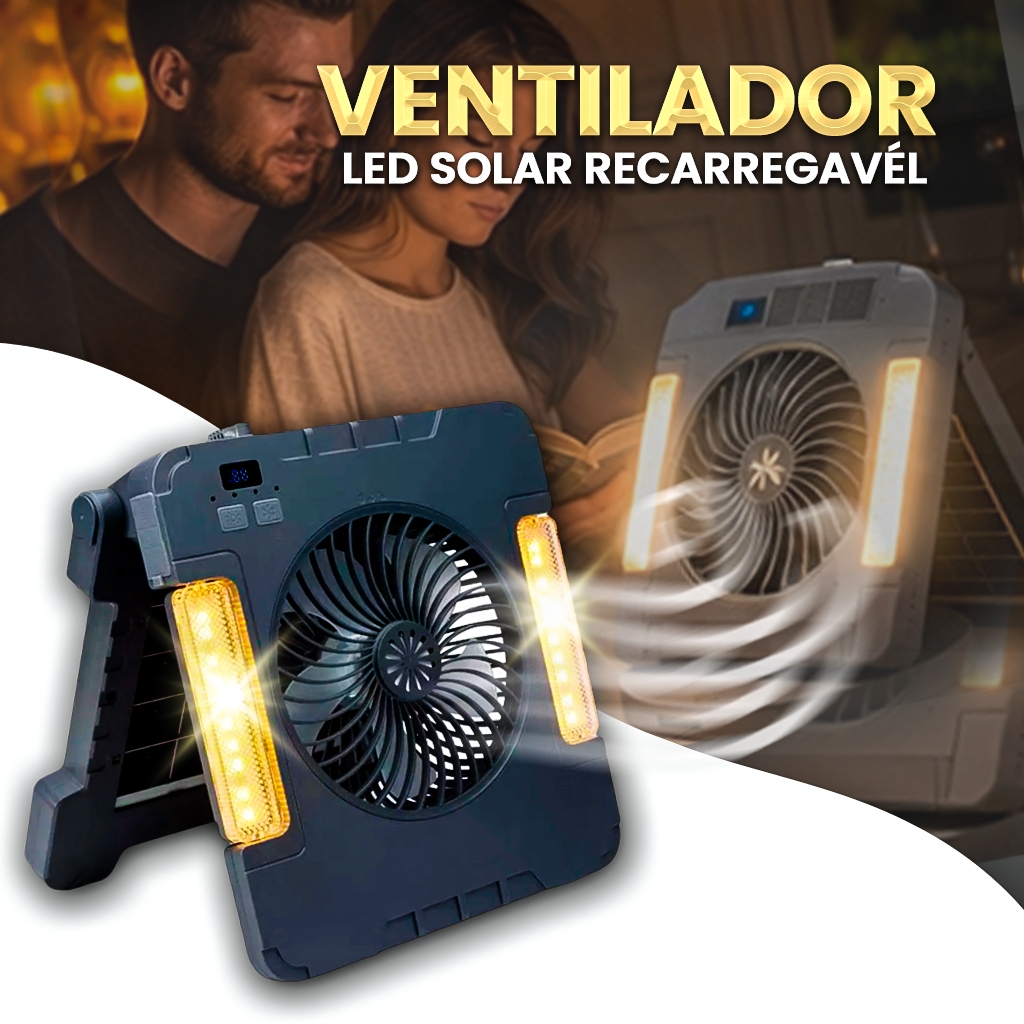 Ventilador Portátil Luz LED Recarregável Energia Solar USB Power Bank Camping Potente 4 Velocidades