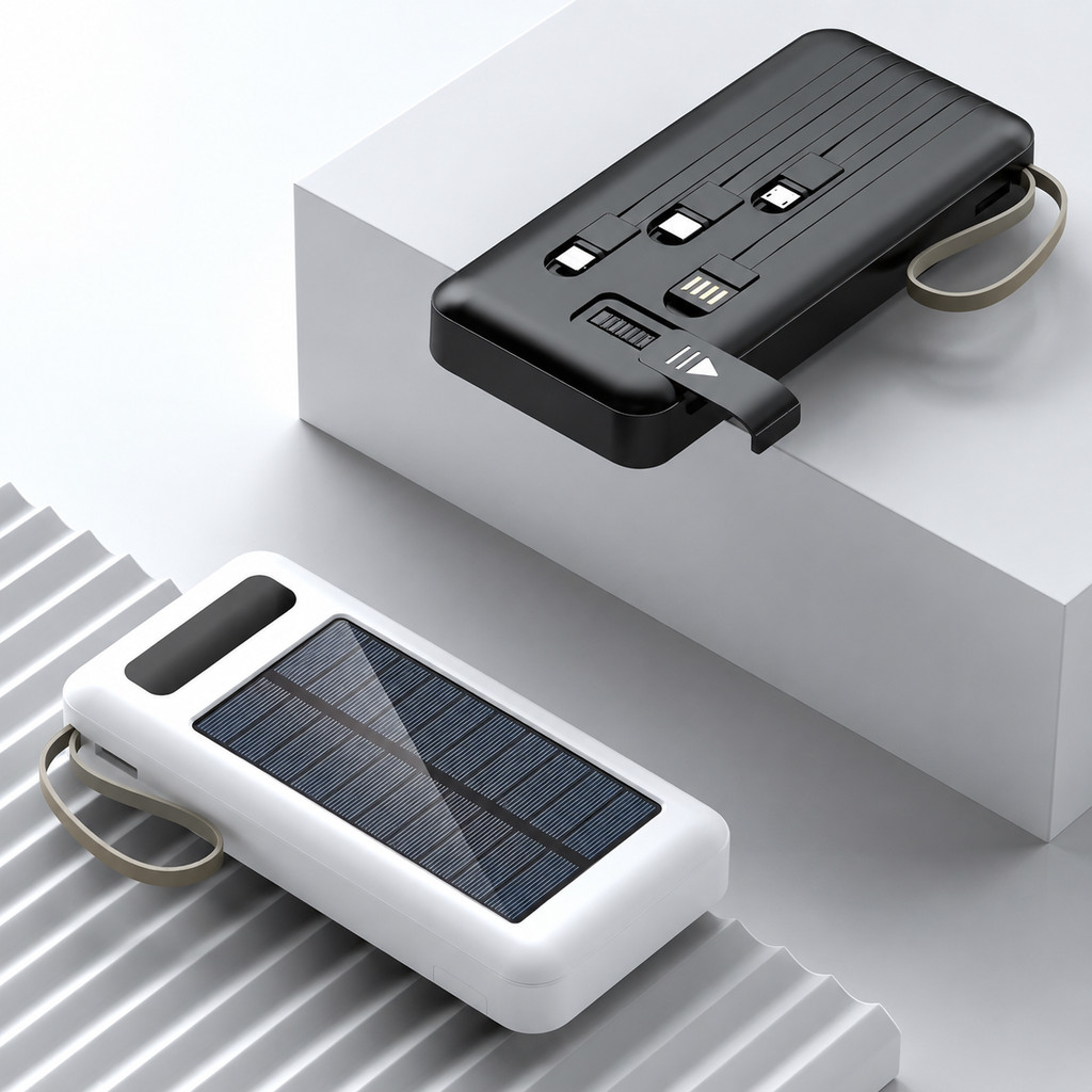 Power Bank Solar 20.000mAh com Iluminação e Carregamento Rápido 4 Saídas 1 Porta Type-C Preto