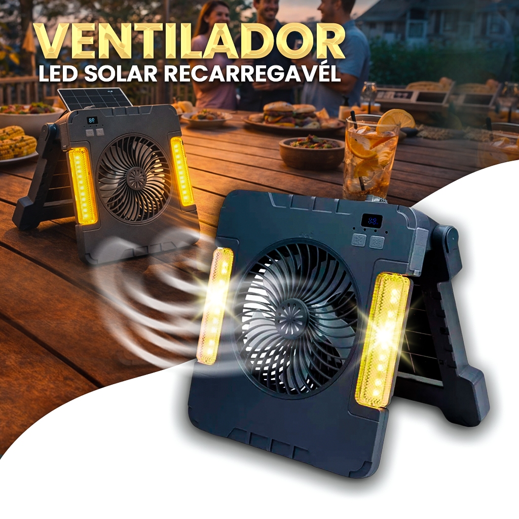 Ventilador Portátil Luz LED Recarregável Energia Solar USB Power Bank Camping Potente 4 Velocidades