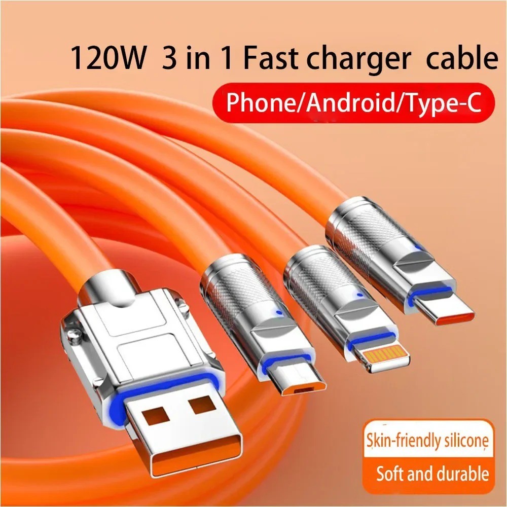 Cabo De Carregamento Rápido 3 Em 1 120W Type C Lightning Micro USB Charger Cable Para iPhone Android Dados Universal