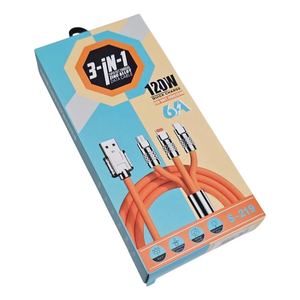 CABO 3 EM 1 120W TURBO REFORÇADO TIPO-C MICRO USB LIGHTNING CARREGAMENTO RÁPIDO