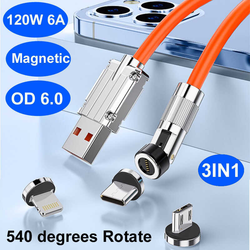 3 Em 1 USB 120W 6A Cabo De Dados Rápido Magnético Extra Grosso Soft Carga TPE Feito De Silicone Líquido Para Telefone La