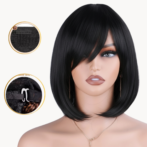 Lace Curta Lisa com Franja Peruca Channel Cabelo Organico Wig Preto   Natural Identico  Humano