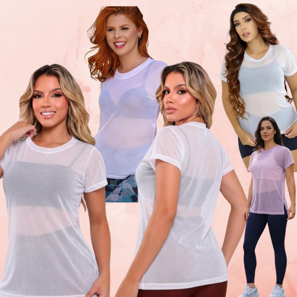 Kit 4 Blusa Tule Branca Transparente manga Curta  para treino de academia ou esport ao ar livre