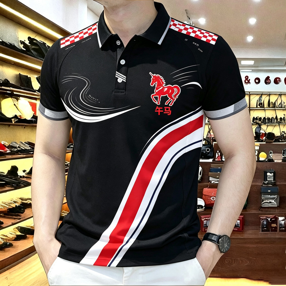 Camisa Polo Masculina De Manga Curta Com Estampa De Cavalo Do Zodíaco Listras De Corrida Xadrez Respirável Casual Esport