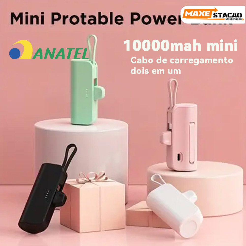 Power Bank Mini Sem Fio 2em1 - 10000mAh, Bateria Portátil para iPhone e Celulares com USB-C