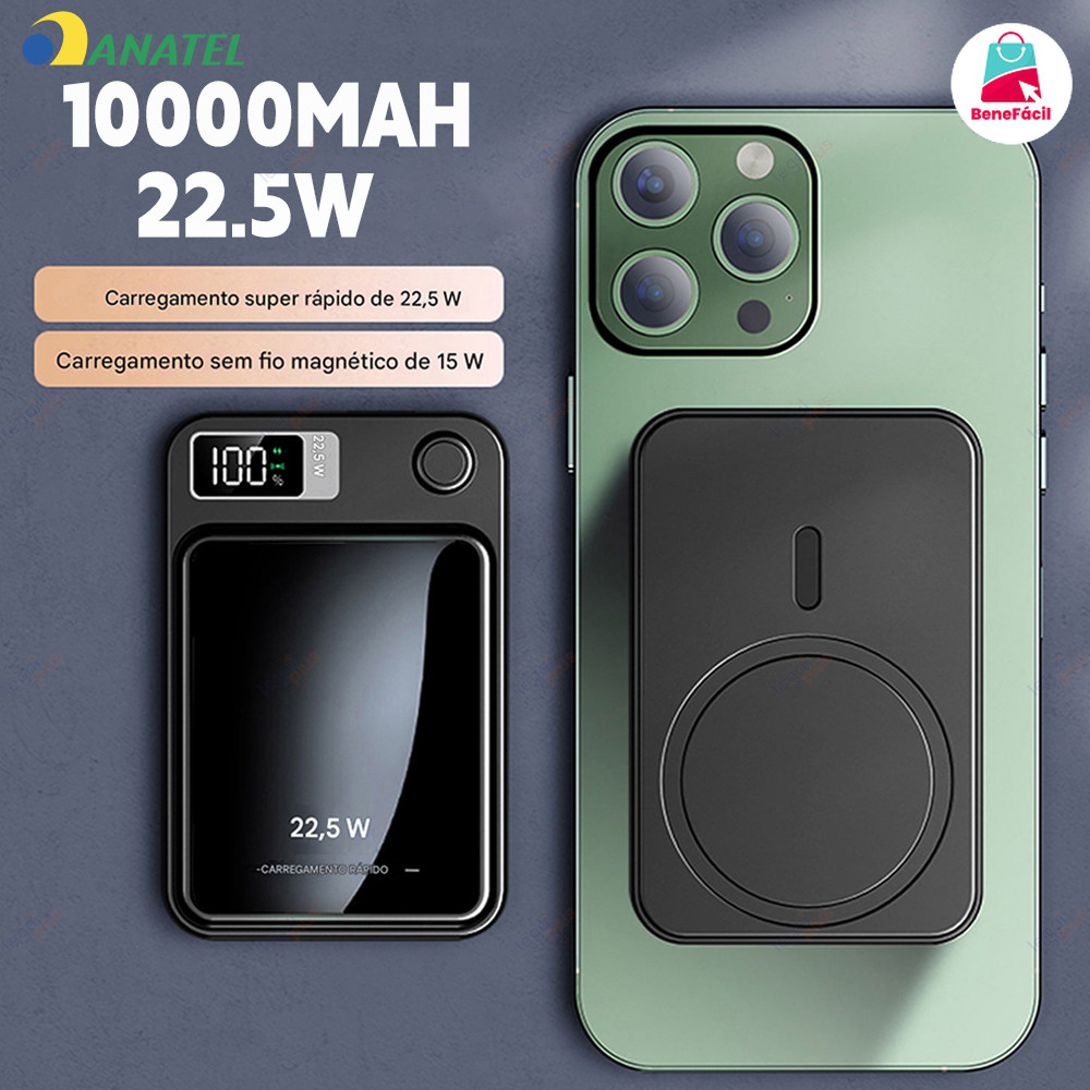 Bateria Portátil 10000mAh com Carregamento por Indução MagSafe e Tela LED, Compatível com iPhone e Android