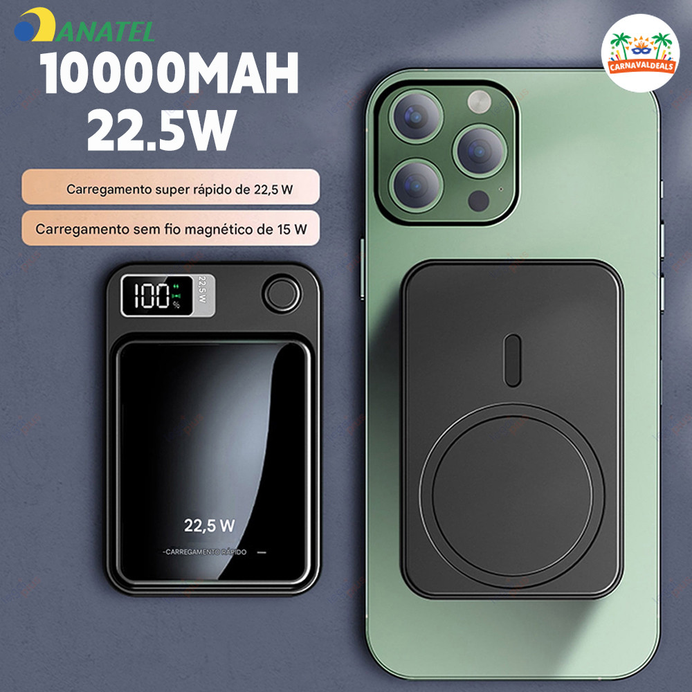Bateria Portátil 10000mAh com Carregamento por Indução MagSafe e Tela LED, Compatível com iPhone e Android