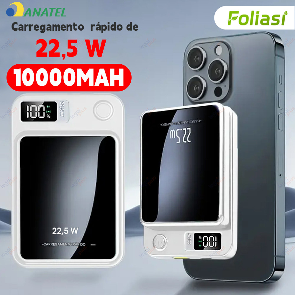 Carregador Externo Portátil 10000mAh com MagSafe e Tela, Recarga por Indução para Celulares iPhone e Android