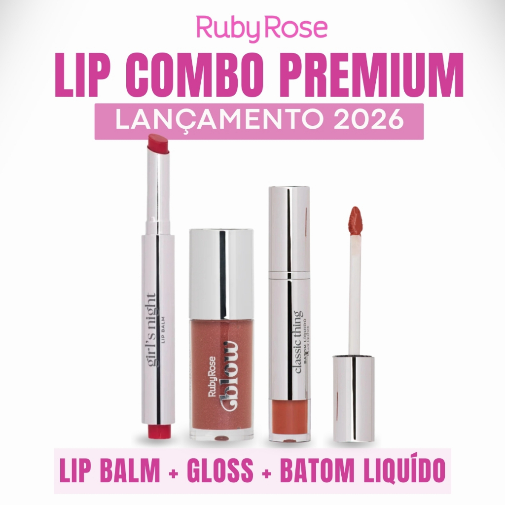 Kit Lançamento Lip Combo Ruby Rose Blow Lip Balm + Gloss + Batom Líquido Library Goals
