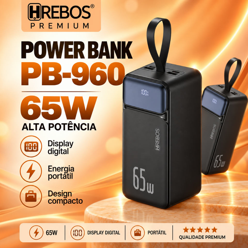 HREBOS Power Bank 50000mAh - 65W Super Fast Charging, 2x USB-A + 1x USB-C, LED Display, Long Battery Life