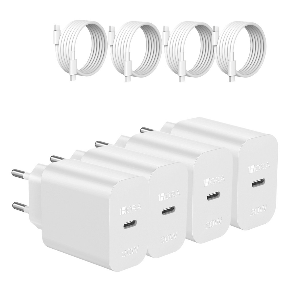 KIT 4X Carregador Usb C 1Hora, Pd20W + Cabo Usb C 1 Metro Branco