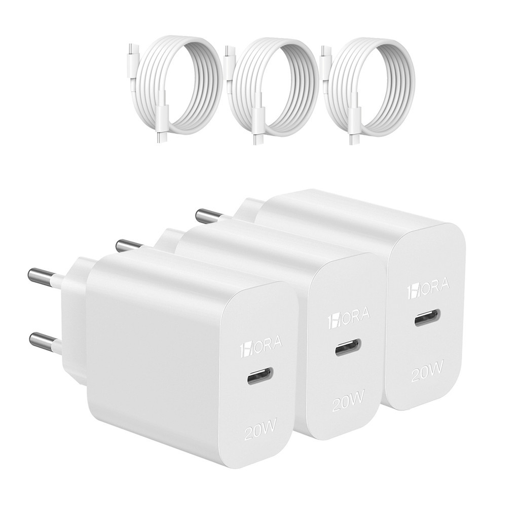 KIT 3X Carregador Usb C 1Hora, Pd20W + Cabo Usb C 1 Metro Branco