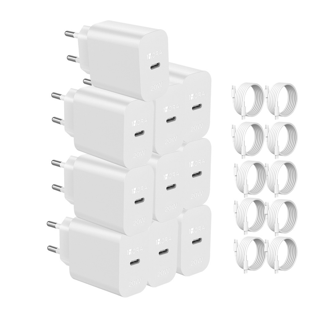KIT 10X Carregador Usb C 1Hora, Pd20W + Cabo Usb C 1 Metro Branco