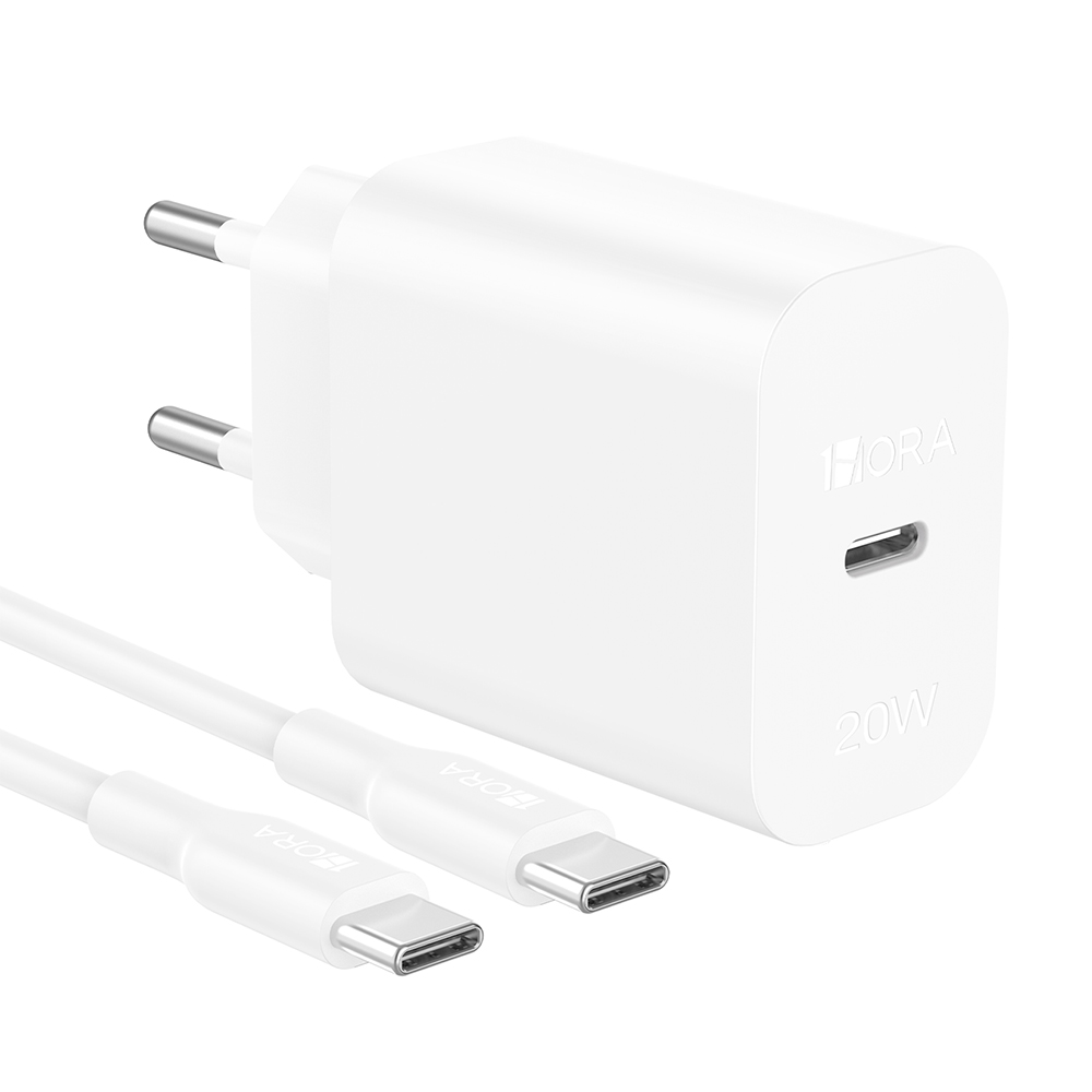 Carregador Usb C 1Hora Pd20W + Cabo Usb C 1 Metro Branco