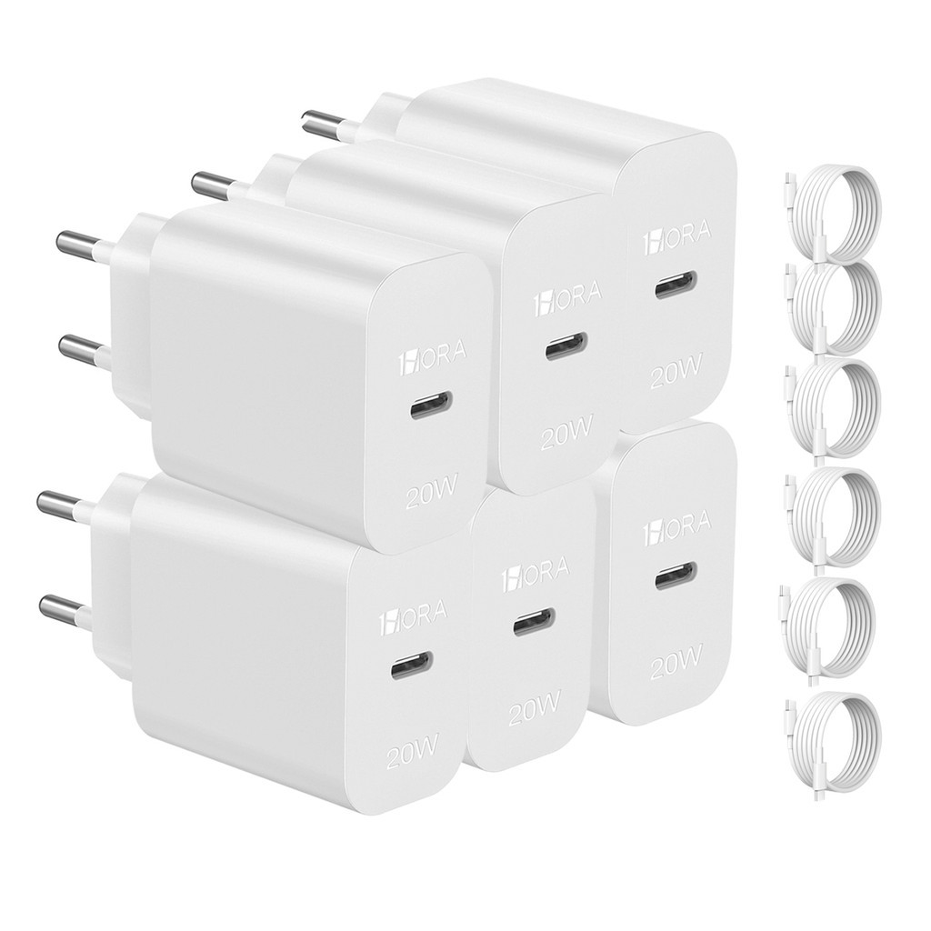 KIT 6X Carregador Usb C 1Hora, Pd20W + Cabo Usb C 1 Metro Branco