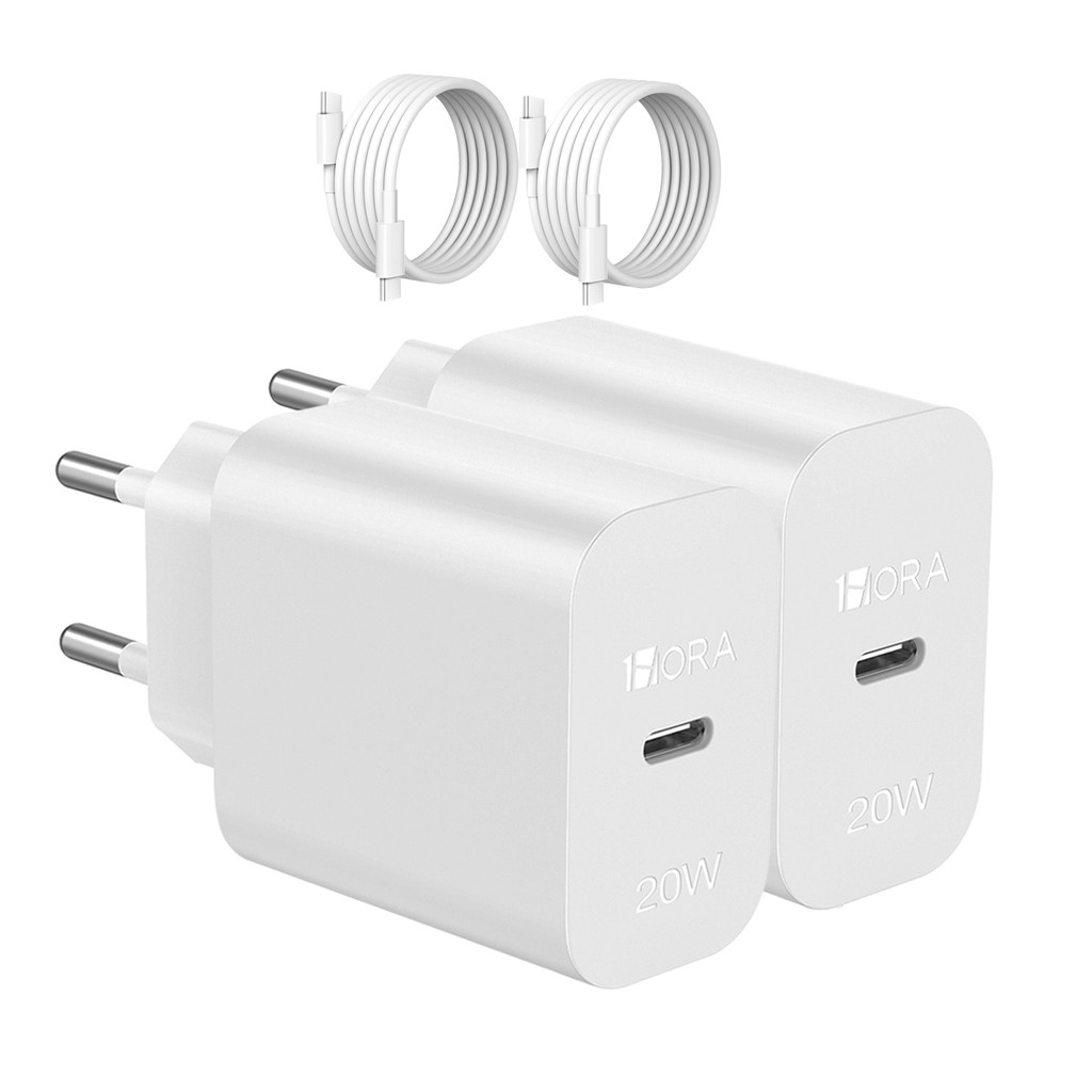 Carregador Usb C 1Hora Pd20W + Cabo Usb C 1 Metro Branco 2 Unidades