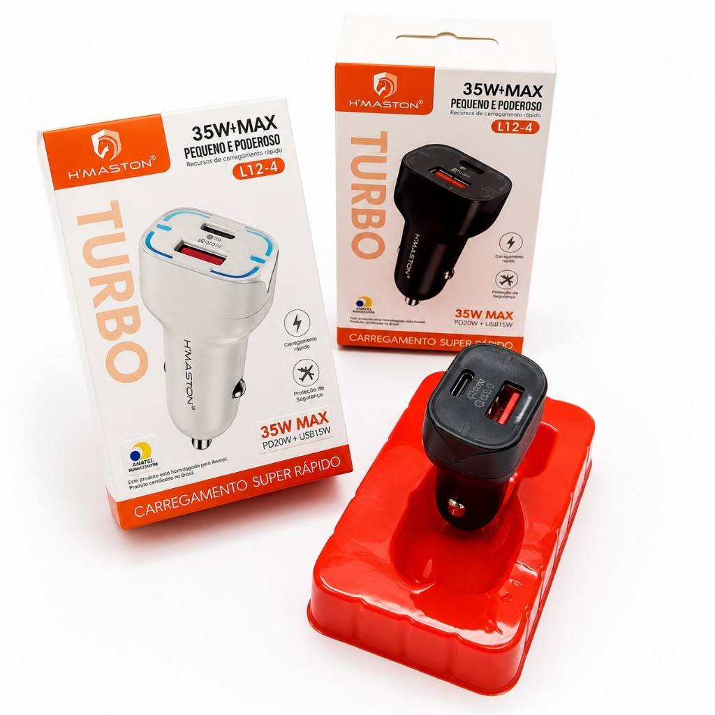 Carregador Veicular Turbo 35W PD20W + QC3.0 | Carregamento Turbo 2 Portas para Celular
