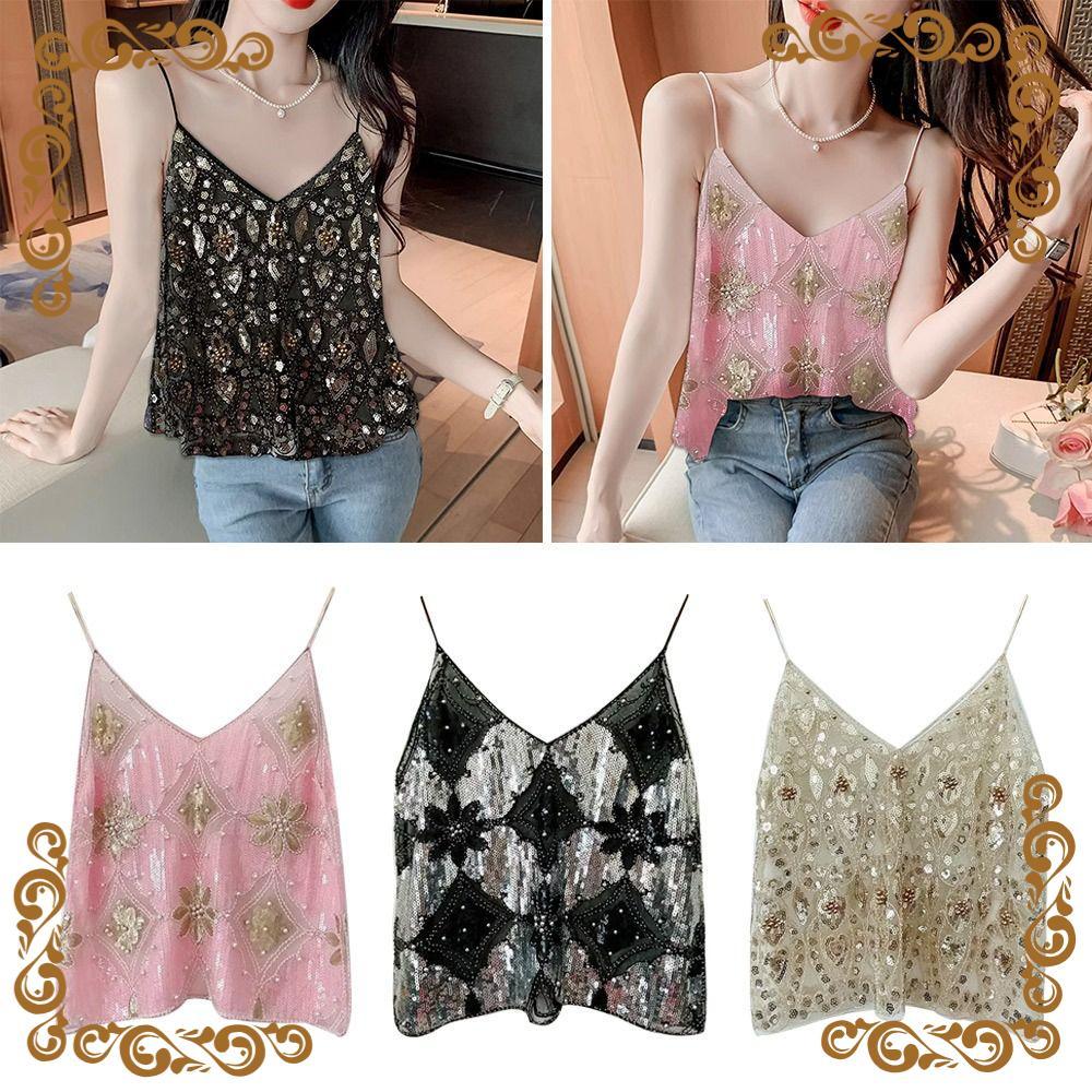 PEONYQ Halter Bras , Lantejoulas Bead Bling Summer Tank Top , Com Decote Em V Streetwear Colete Fino Espartilho Para Mul