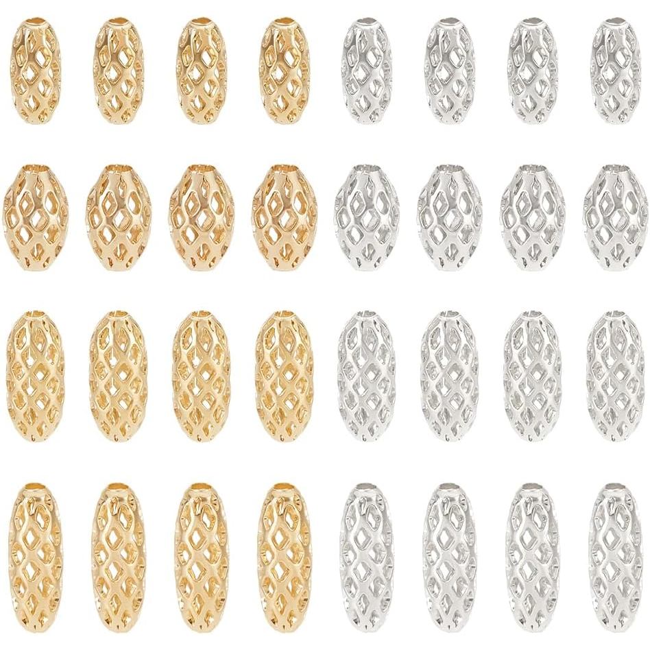 PH PandaHall 80pcs 4 Sizes Hollow Out Brass Beads 8~11mm Oval Rice Spacer Beads Filigree Hollow Beads Loose for Ea