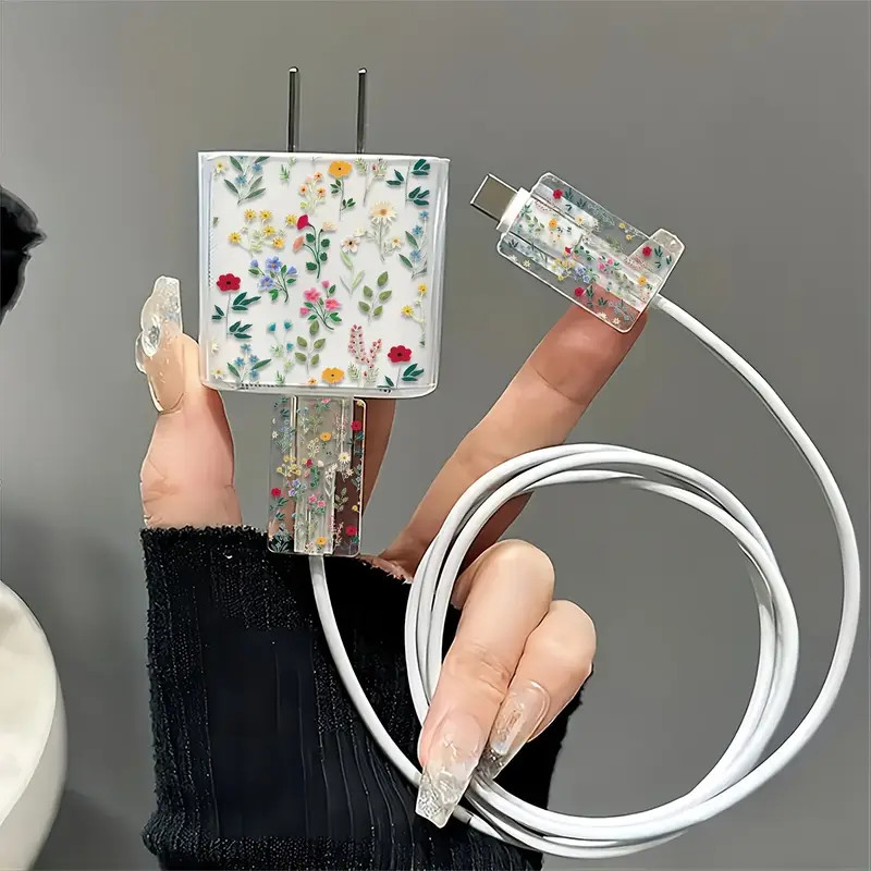 Flor Bonito 2025 Transparente 3pcs Conjunto Para Proteção De Cabo De Dados Caso iPhone 12W Carregador Feminino Embalagem