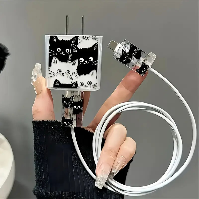 Gato Bonito Preto Adorável Claro 3 Pçs Conjunto Para Caso De Proteção De Cabo De Dados iPhone 12W Carregador Feminino Em