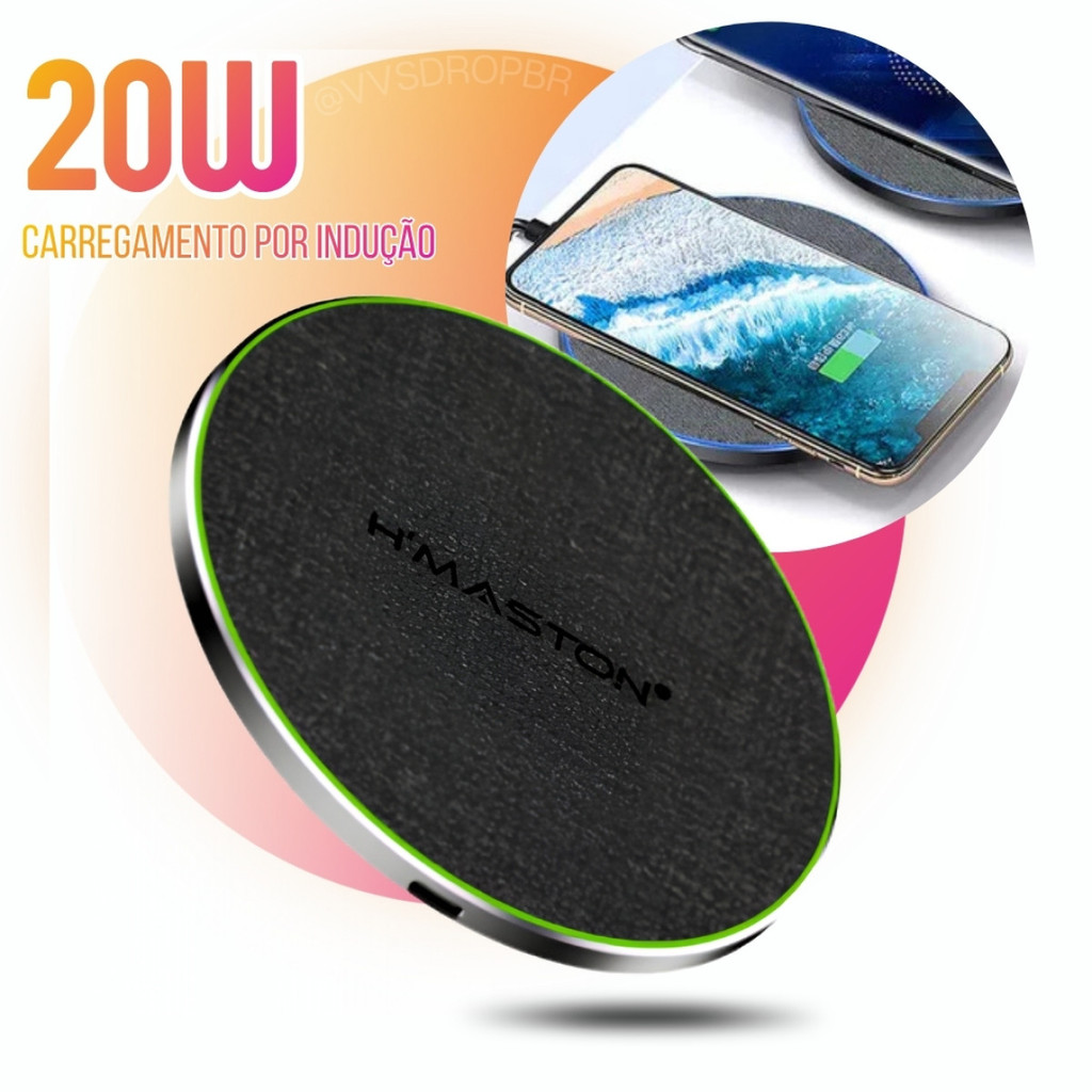 Carregador Sem Fio 20W Carregamento Rápido por Indução Base Wireless Compatível Android e iPhone