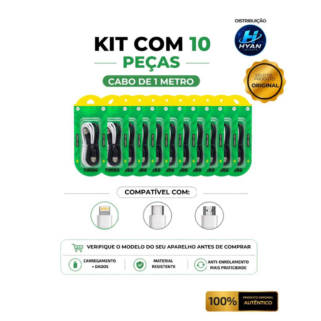 Kit 10 cabos carregador Fast Charge Turbo e dados - Tipo-C - Iphone - Micro v8 - Atacado