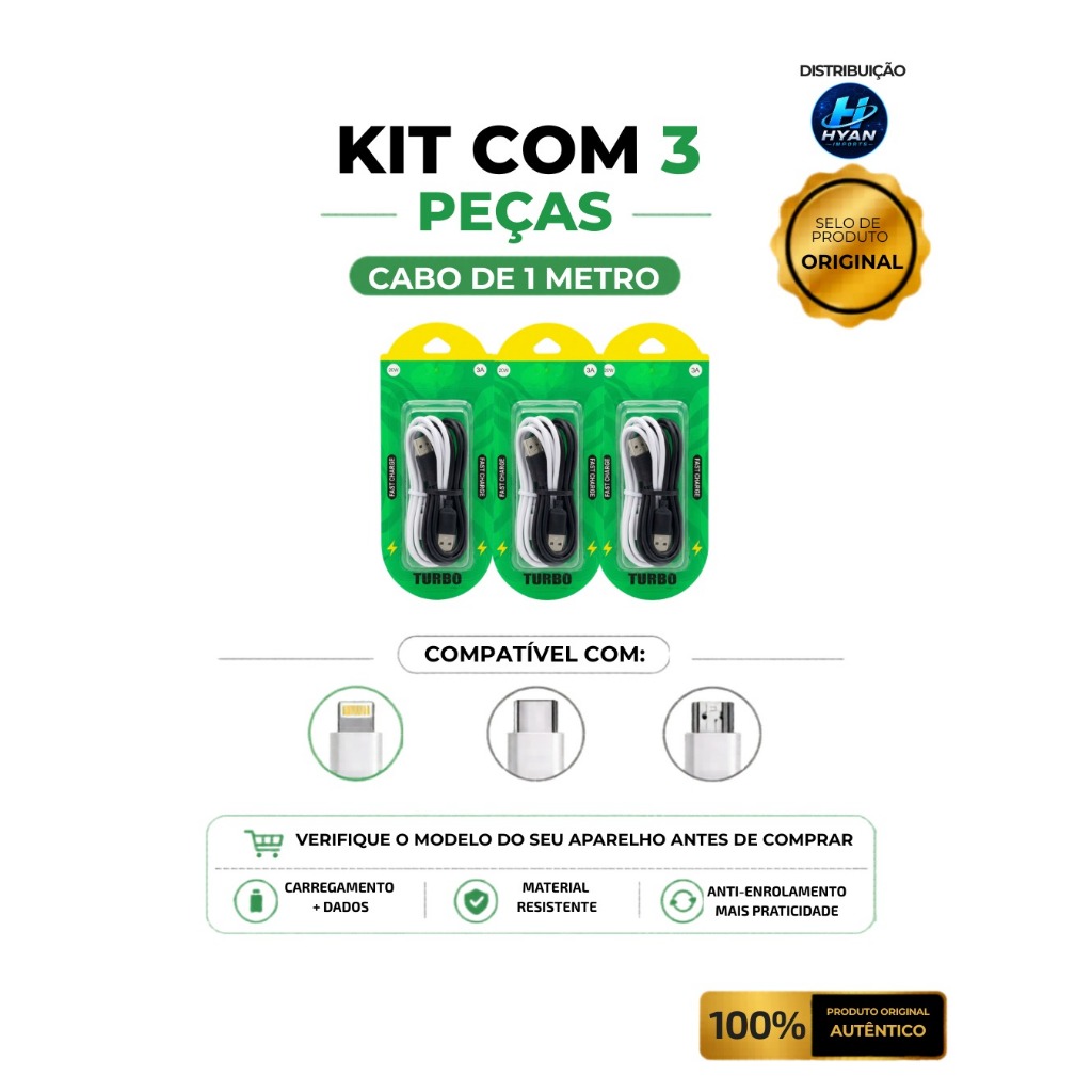 Kit 3 cabos carregador Fast Charge Turbo e dados - Tipo-C - Iphone - Micro v8 - Atacado