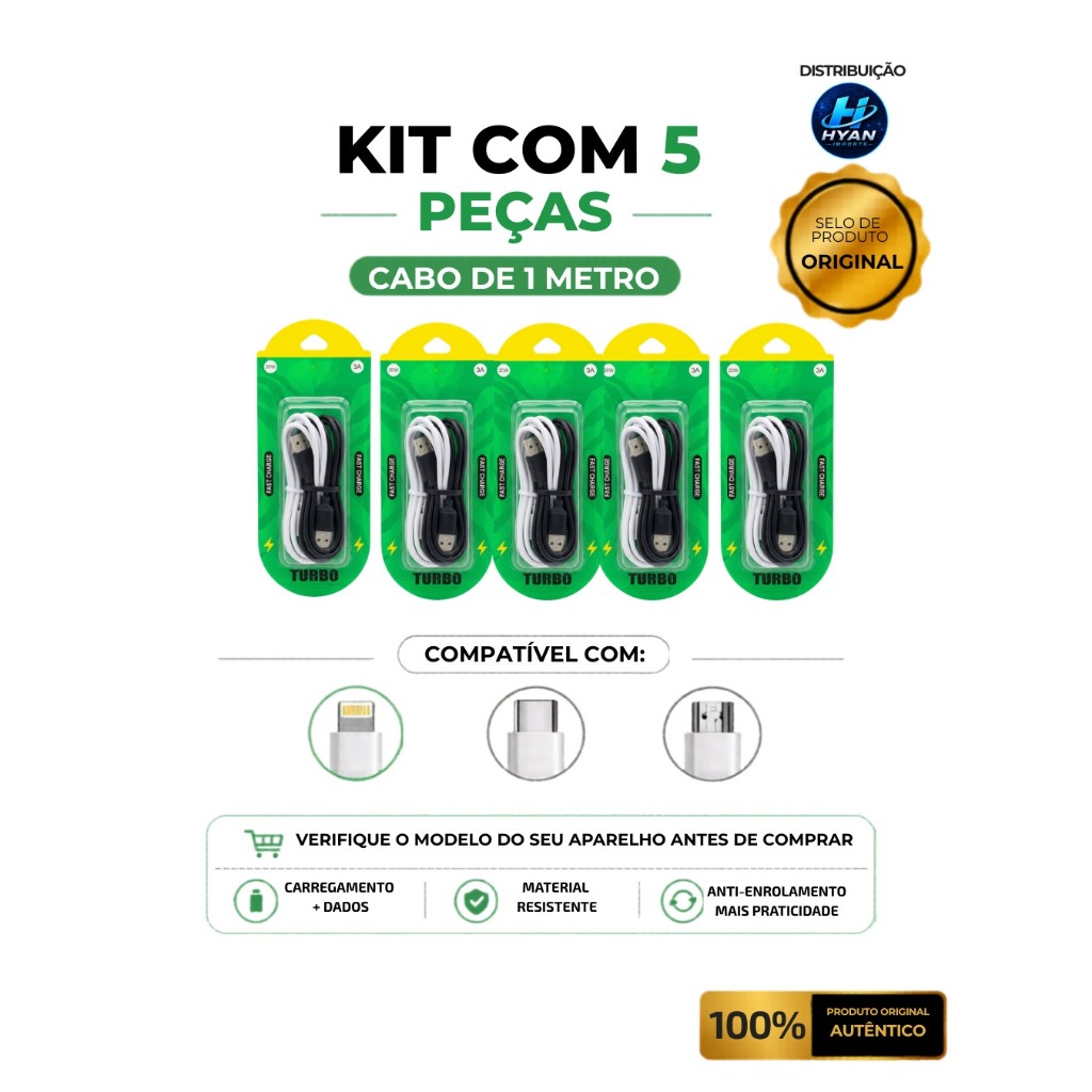 Kit 5 cabos carregador Fast Charge Turbo e dados - Tipo-C - Iphone - Micro v8 - Atacado