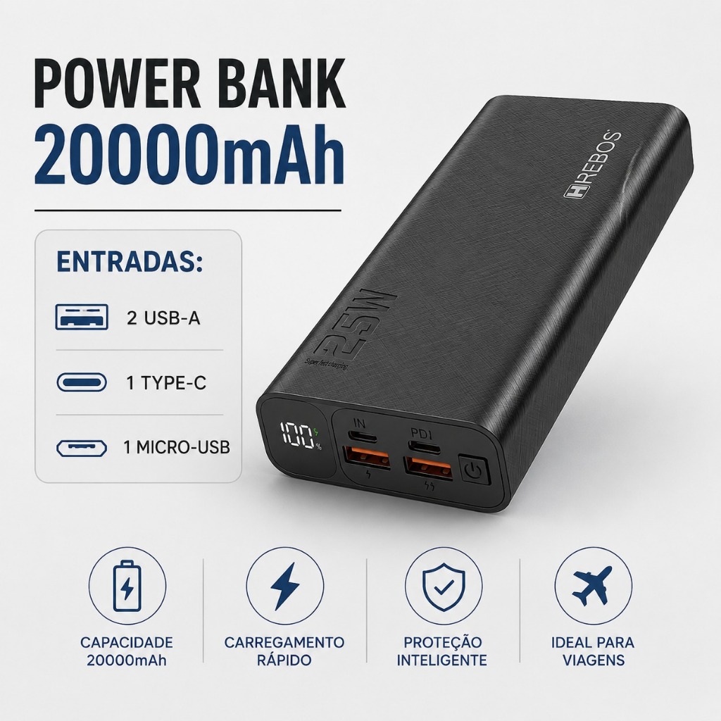 Power Bank HREBOS 20000mAh 22.5W Carregador Portátil Fast Charge USB-C PD 2 USB-A Display Digital