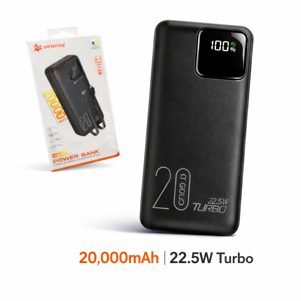Power Bank PEINING 20000mAh Original Com Cabos Embutidos Turbo Fast Charge Portátil