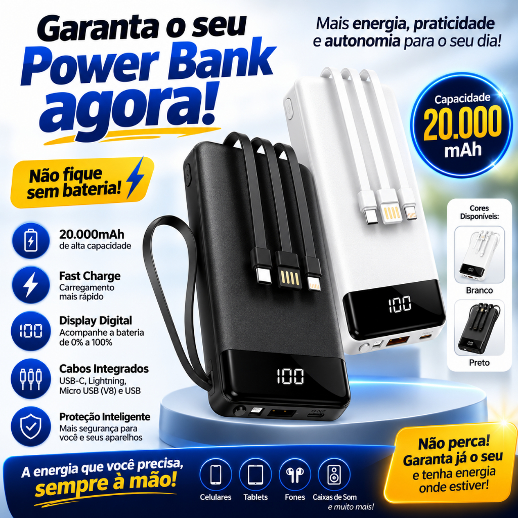Power Bank 20000mAh Carregador Portátil Fast Charge 3 Cabos Integrados USB-C Lightning Micro USB Display Digital