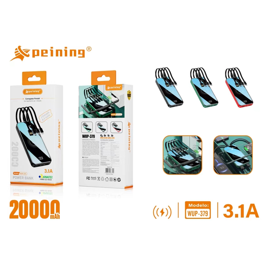 Power Bank 20000Mah Peining WUP-379 C/ 4 cabo Fast charge +funçao carregamento por Induçao