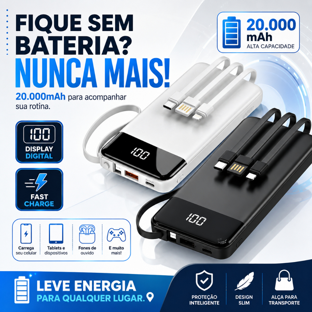 Power Bank 20000mAh Carregador Portátil Fast Charge Tela Digital USB Tipo C Lightning V8 Cabos Integrados