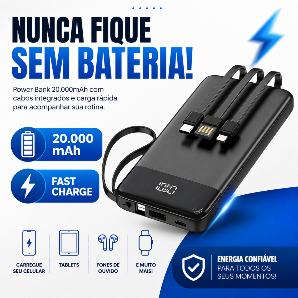 Carregador Portátil Power Bank 20000mAh Fast Charge Tela Digital USB-C Lightning Micro USB 4 Cabos