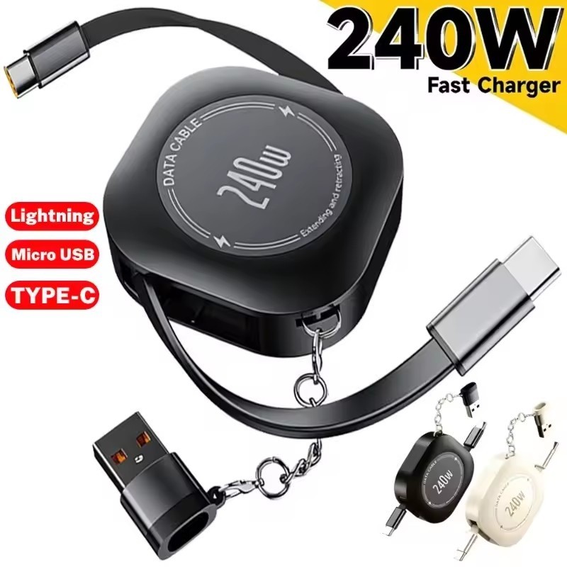 Cabo De Carregamento Multicabeça Extensível De 240 W-Portátil-Rápido-Retrátil 4 Em 1 Durável-Com Lightning Micro USB Tip