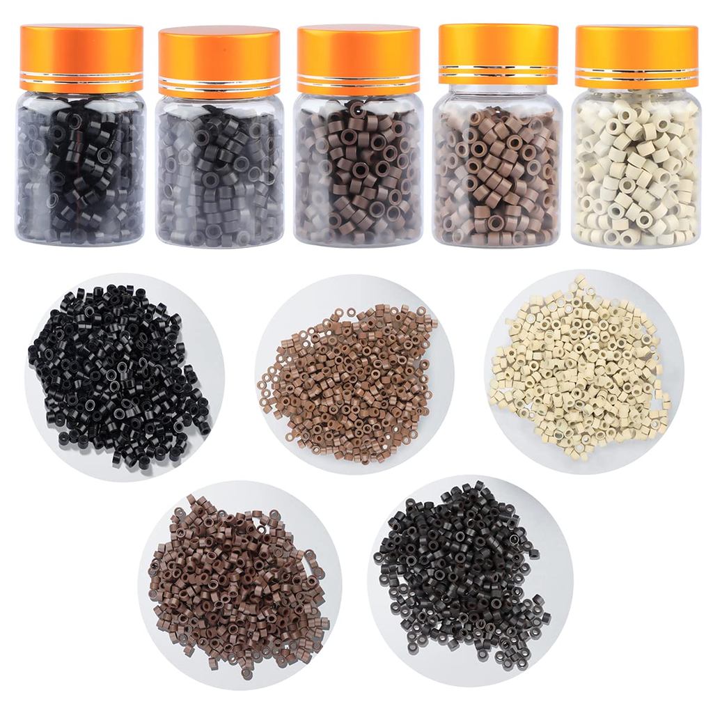 2500pcs Hair Extensions Beads Micro Links Beads, 5mm Silicone Lined Beads for I Tip Human Hair Extensions (Black/Light B