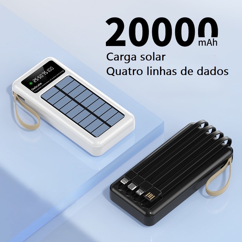 Power Bank Solar Portátil 20000mAh - Lanterna LED, 5 em 1 Cabos e Universal para Todos Aparelhos