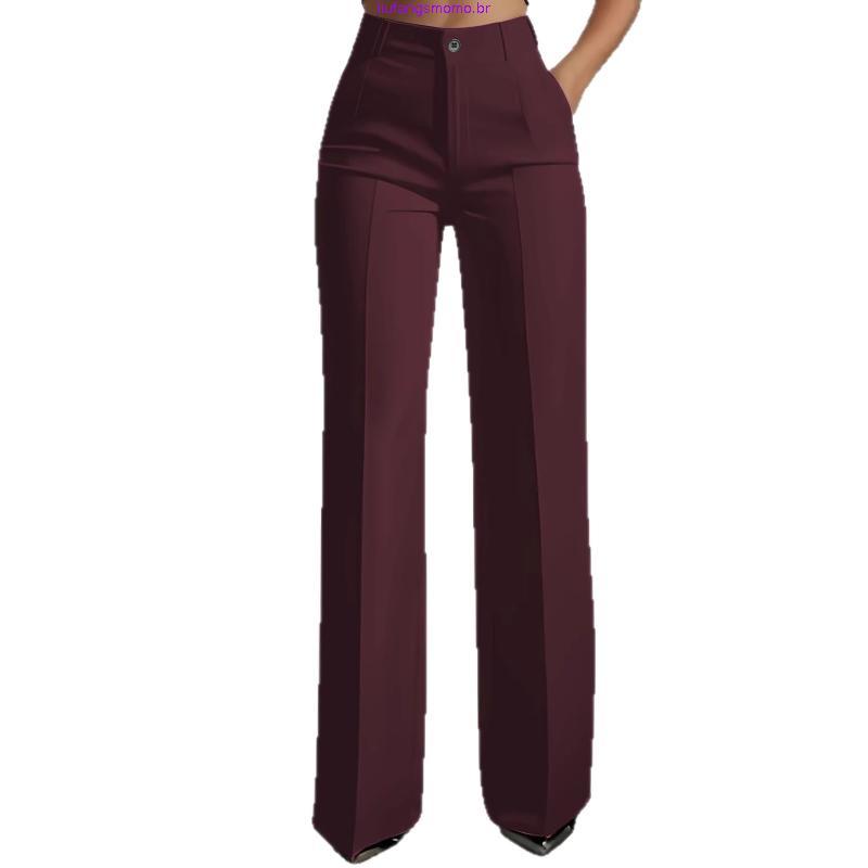 Straight Leg Women Pants Flowing Fabric Women’s High Waist Wide with Side Pockets – Office Business Trousers Fit Sui