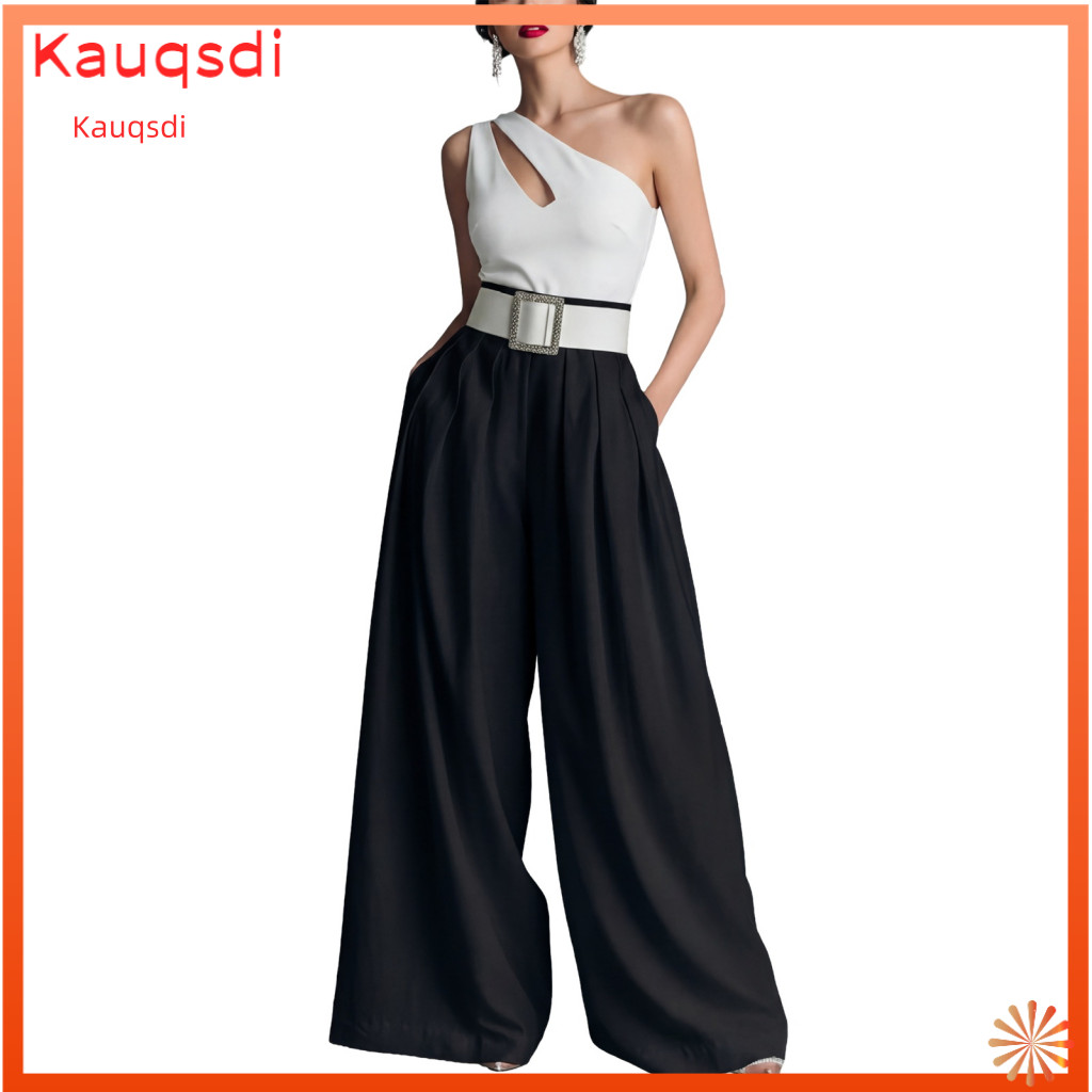 Elastic Waist Women Pants Lightweight Women’s High Wide Leg with Belt Pockets Loose Fit Business Trousers Pure Color O